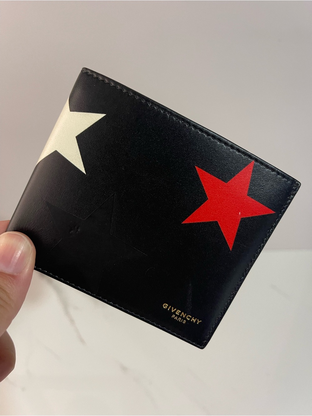 Givenchy Black Leather Wallet with Red, White & Black Star Accents
